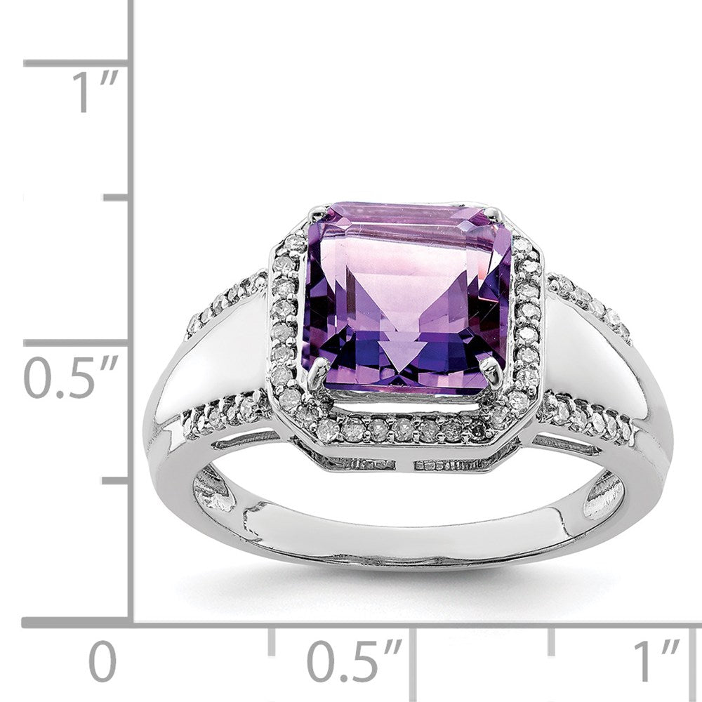 Sterling Silver Rhodium Plated Square Amethyst & Diamond Ring (Size 7 Only)
