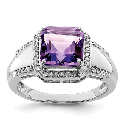 Sterling Silver Rhodium Plated Square Amethyst & Diamond Ring (Size 7 Only)