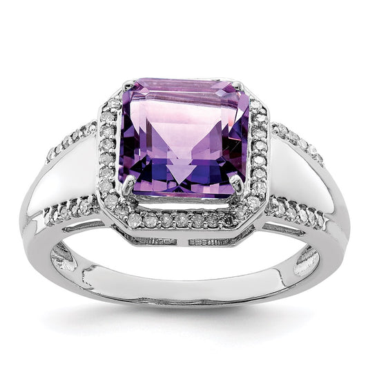 Sterling Silver Rhodium Plated Square Amethyst & Diamond Ring (Size 7 Only)