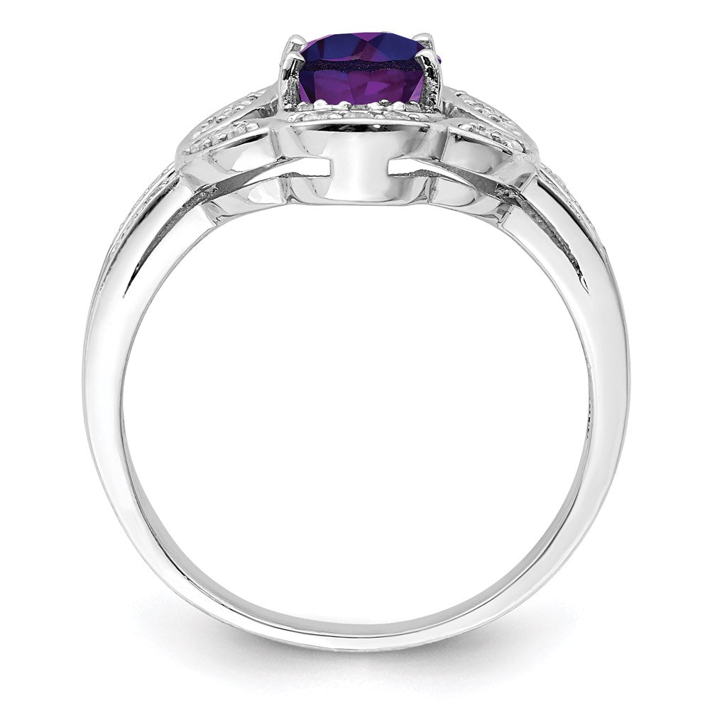 Sterling Silver Rhodium Plated Oval Amethyst & Diamond Ring (Size 7 Only)