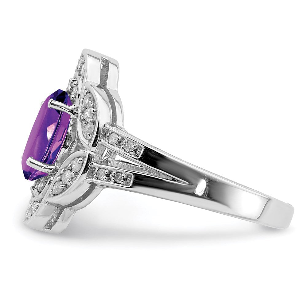 Sterling Silver Rhodium Plated Oval Amethyst & Diamond Ring (Size 7 Only)