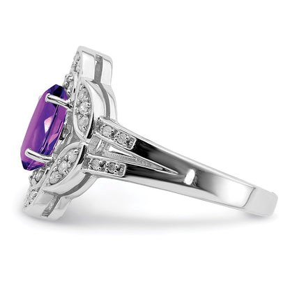 Sterling Silver Rhodium Plated Oval Amethyst & Diamond Ring (Size 7 Only)