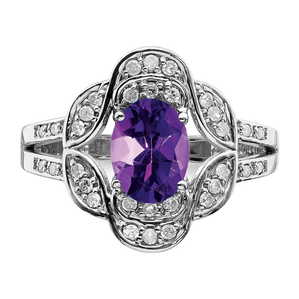 Sterling Silver Rhodium Plated Oval Amethyst & Diamond Ring (Size 7 Only)