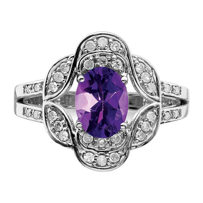 Sterling Silver Rhodium Plated Oval Amethyst & Diamond Ring (Size 7 Only)