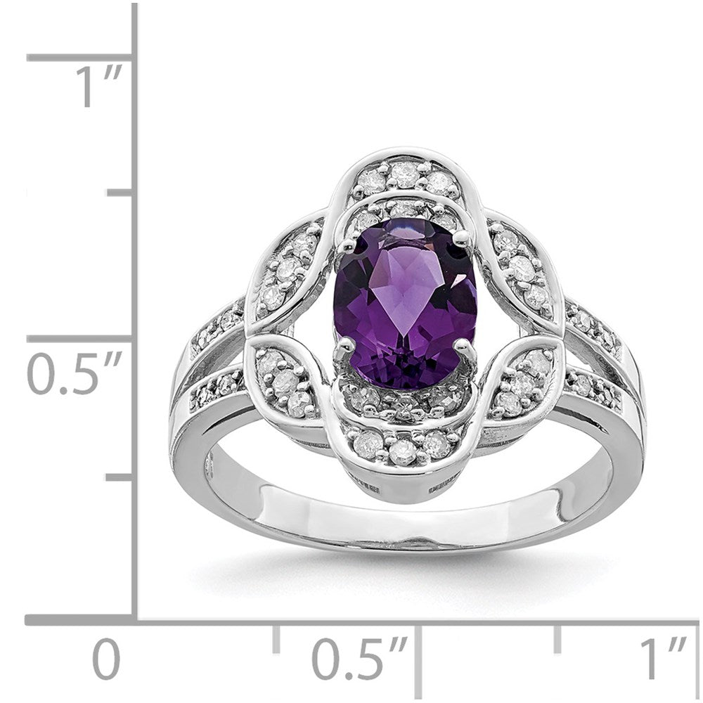 Sterling Silver Rhodium Plated Oval Amethyst & Diamond Ring (Size 7 Only)