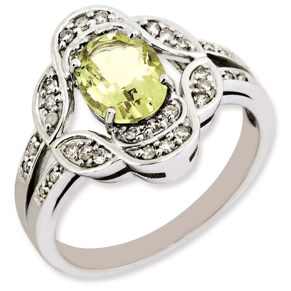 Sterling Silver Rhodium Plated Oval Diamond & Lemon Quartz Ring (Size 7 Only)