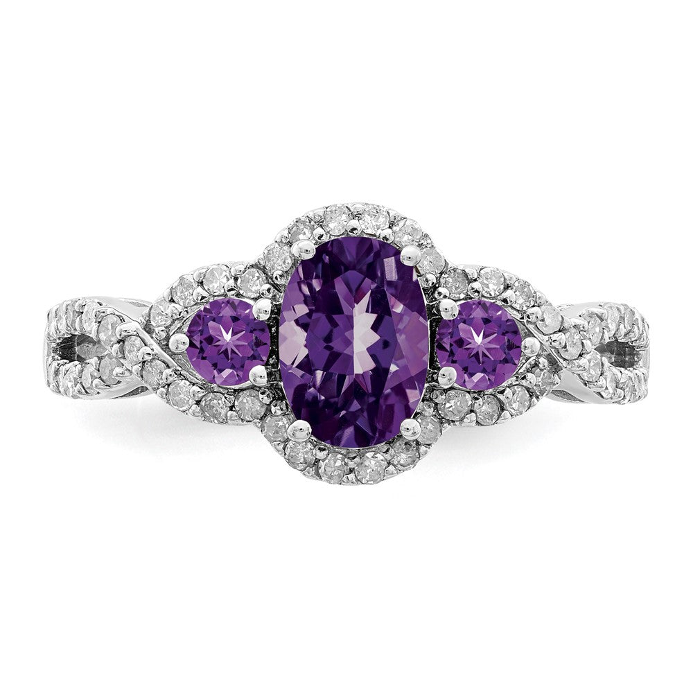Sterling Silver Rhodium Plated Oval Amethyst & Diamond Ring