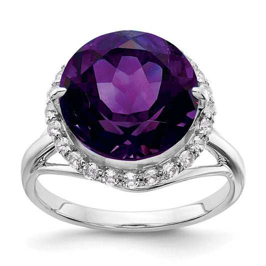Sterling Silver Rhodium Plated White Topaz & Amethyst Ring (Size 7 Only)