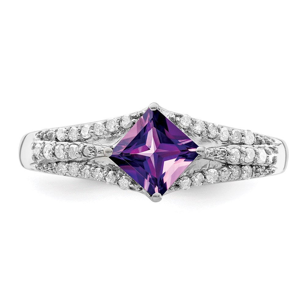 Sterling Silver Rhodium Plated Diamond & Amethyst Ring (Size 7 Only)