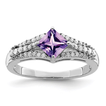 Sterling Silver Rhodium Plated Diamond & Amethyst Ring (Size 7 Only)