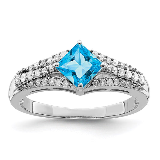 Sterling Silver Rhodium Blue Topaz & Diamond Ring (Size 7 Only)