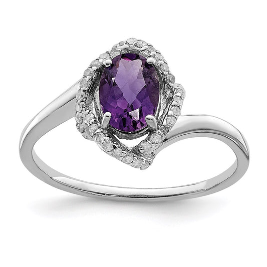 Sterling Silver Rhodium Plated Diamond & Amethyst Ring