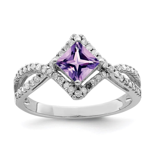 Sterling Silver Rhodium Plated Diamond & Amethyst Ring