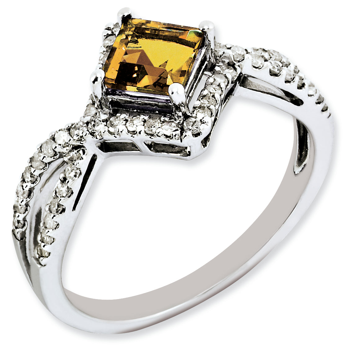 Sterling Silver Rhodium Plated Whiskey Quartz & Diamond Ring