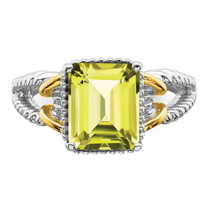 Sterling Silver Rhodium W/ Flash Gold Plate Lemon Quartz Octagonal Ring (Size 7 Only)