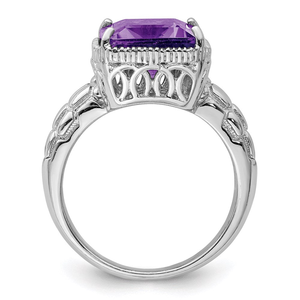 Sterling Silver Rhodium Plated Octagonal Amethyst Ring (Size 7 Only)