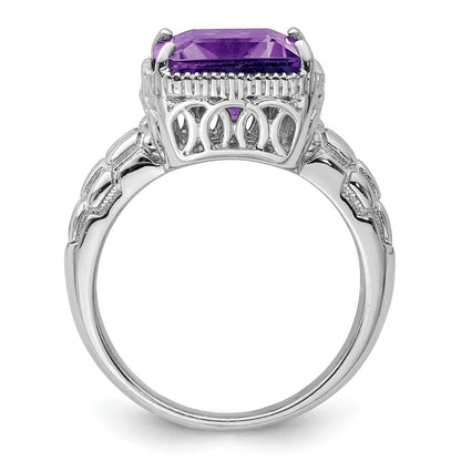 Sterling Silver Rhodium Plated Octagonal Amethyst Ring (Size 7 Only)