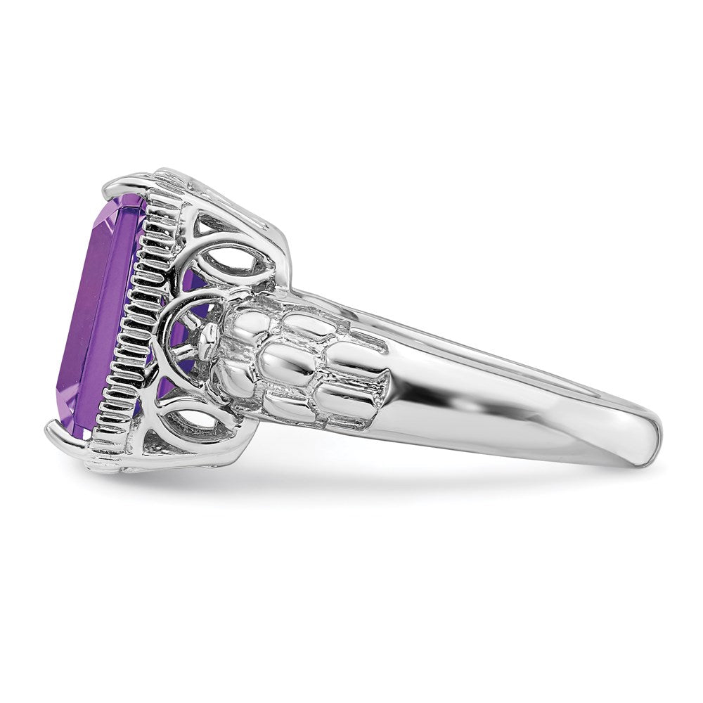 Sterling Silver Rhodium Plated Octagonal Amethyst Ring (Size 7 Only)