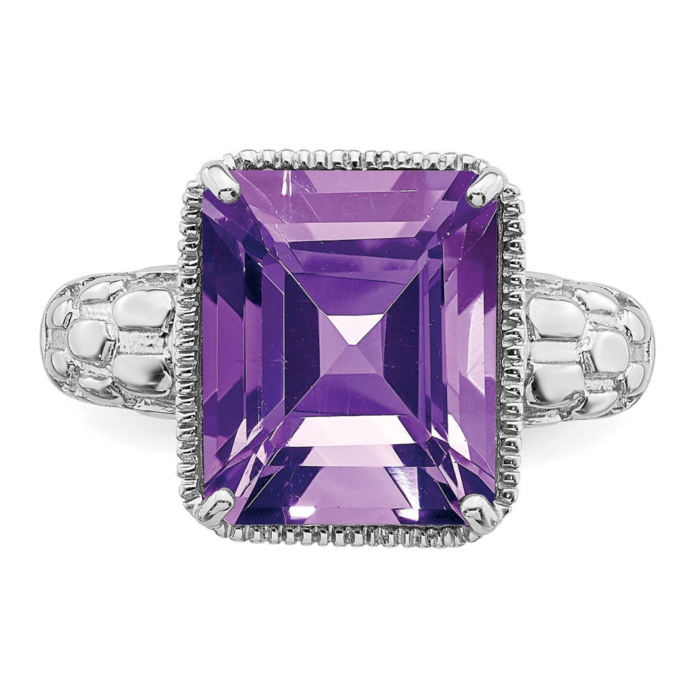 Sterling Silver Rhodium Plated Octagonal Amethyst Ring (Size 7 Only)