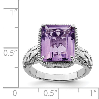 Sterling Silver Rhodium Plated Octagonal Amethyst Ring (Size 7 Only)