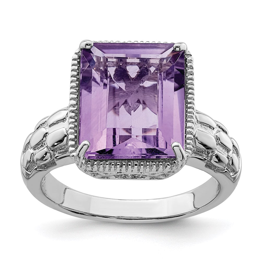 Sterling Silver Rhodium Plated Octagonal Amethyst Ring (Size 7 Only)