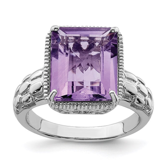 Sterling Silver Rhodium Plated Octagonal Amethyst Ring (Size 7 Only)