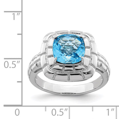 Sterling Silver Rhodium Checker Cut Blue Topaz Ring (Size 7 Only)