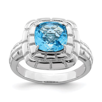 Sterling Silver Rhodium Checker Cut Blue Topaz Ring (Size 7 Only)
