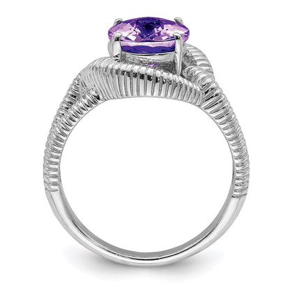 Sterling Silver Rhodium Plated Oval Checker Cut Amethyst Ring (Size 7 Only)