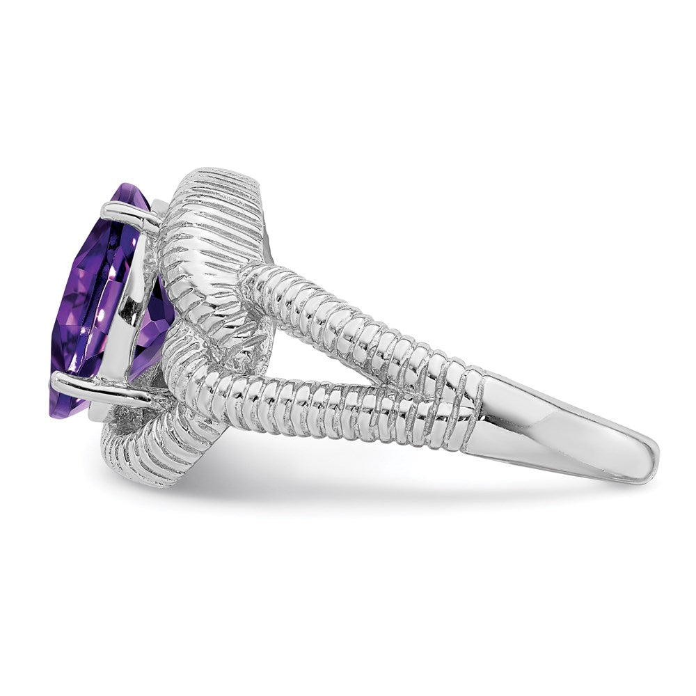 Sterling Silver Rhodium Plated Oval Checker Cut Amethyst Ring (Size 7 Only)