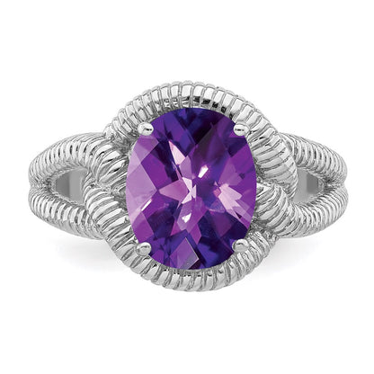 Sterling Silver Rhodium Plated Oval Checker Cut Amethyst Ring (Size 7 Only)