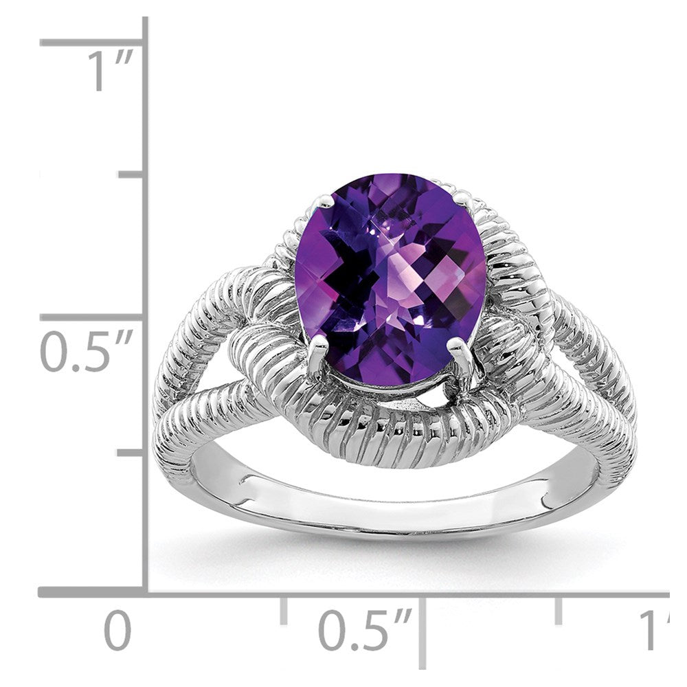 Sterling Silver Rhodium Plated Oval Checker Cut Amethyst Ring (Size 7 Only)