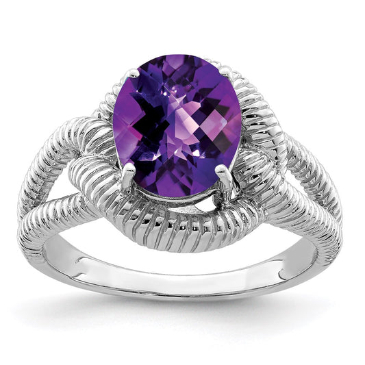 Sterling Silver Rhodium Plated Oval Checker Cut Amethyst Ring (Size 7 Only)