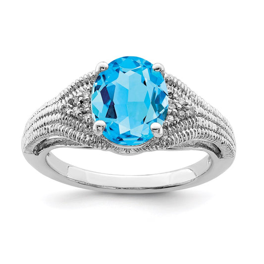 Sterling Silver Rhodium Oval Blue Topaz & Diamond Ring (Size 7 Only)