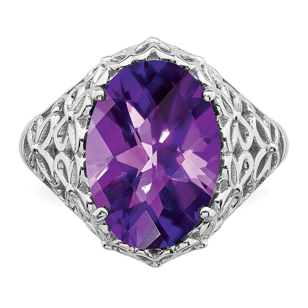 Sterling Silver Rhodium Plated Oval Checker Cut Amethyst Ring (Size 7 Only)