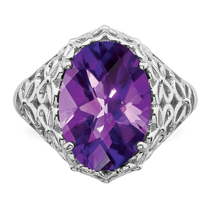 Sterling Silver Rhodium Plated Oval Checker Cut Amethyst Ring (Size 7 Only)