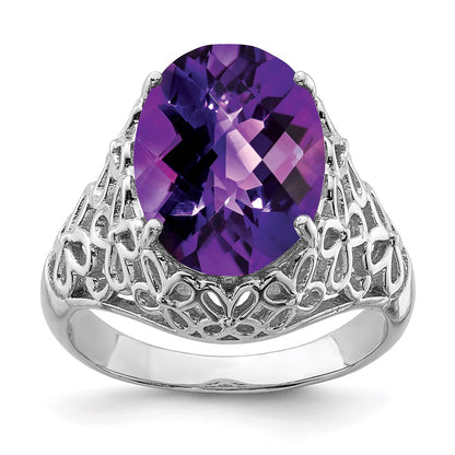 Sterling Silver Rhodium Plated Oval Checker Cut Amethyst Ring (Size 7 Only)