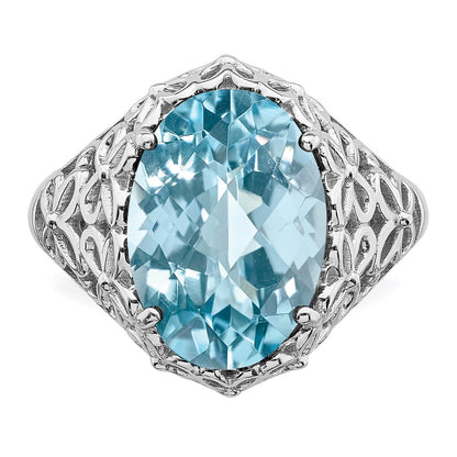 Sterling Silver Rhodium Checker Cut Sky Blue Topaz Ring (Size 7 Only)