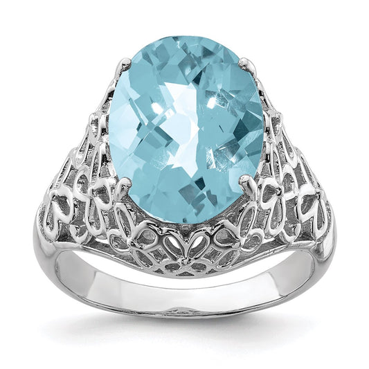 Sterling Silver Rhodium Checker Cut Sky Blue Topaz Ring (Size 7 Only)