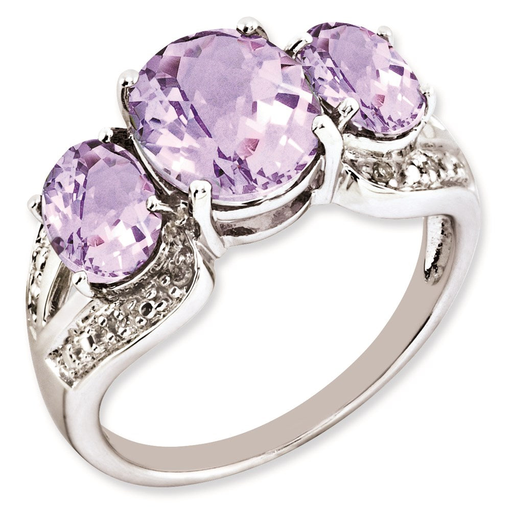 Sterling Silver Rh Plated Oval Checker Cut Pink Quartz & Diamond Ring (Size 7 Only)