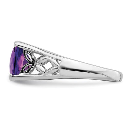 Sterling Silver Rhodium Plated Checker Cut Amethyst Ring (Size 5 Only)