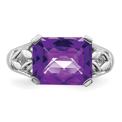 Sterling Silver Rhodium Plated Checker Cut Amethyst Ring (Size 5 Only)