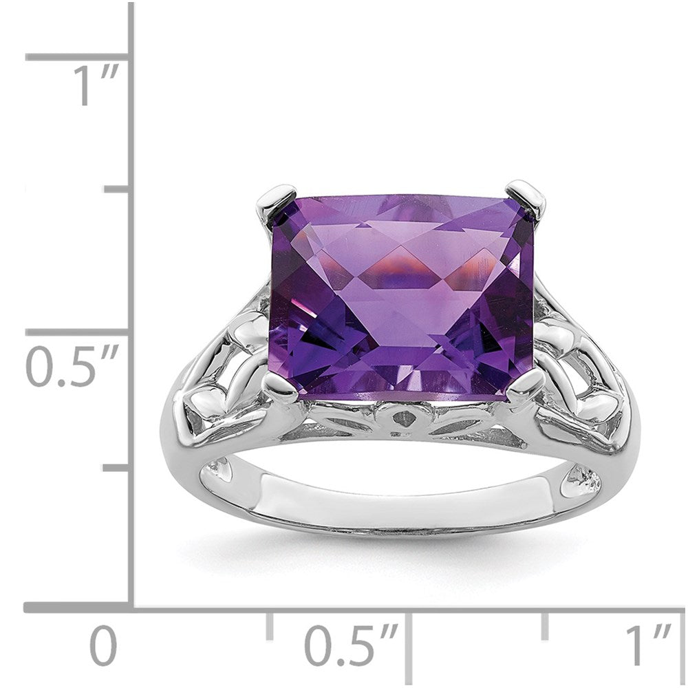 Sterling Silver Rhodium Plated Checker Cut Amethyst Ring (Size 5 Only)