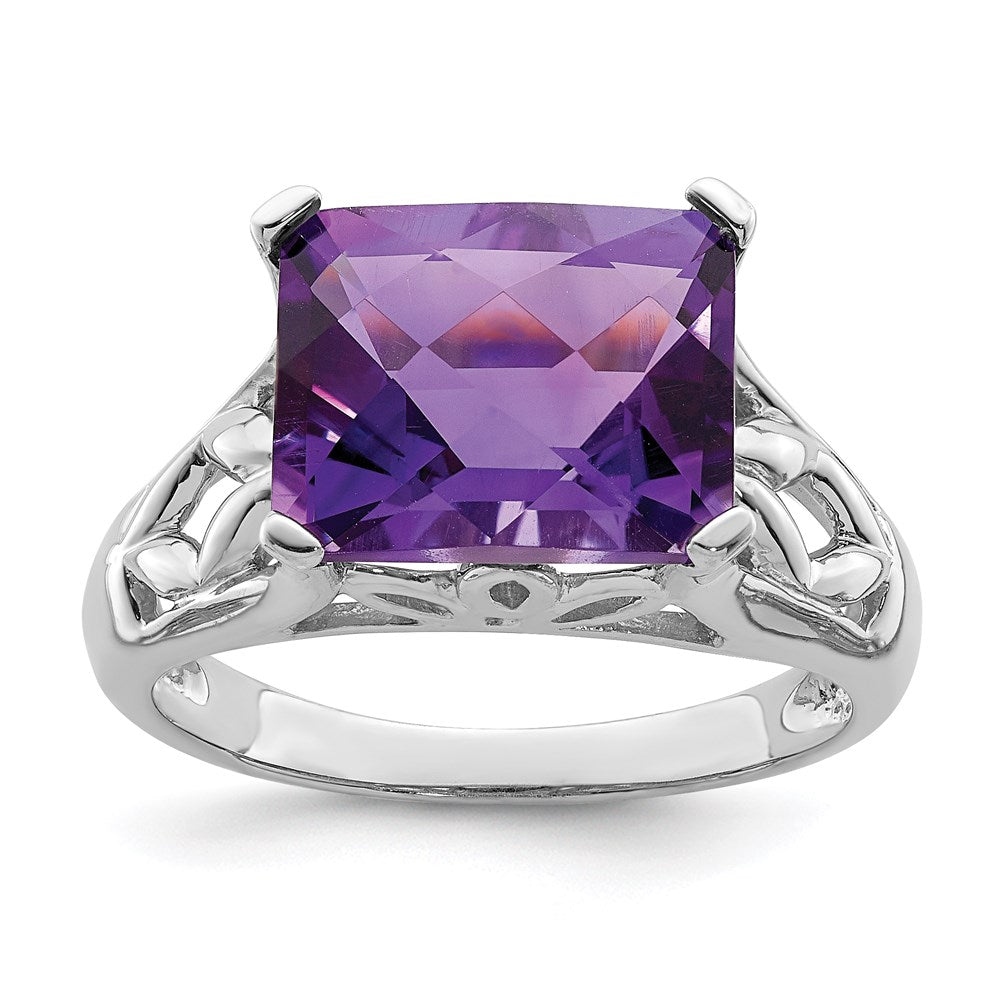 Sterling Silver Rhodium Plated Checker Cut Amethyst Ring (Size 5 Only)