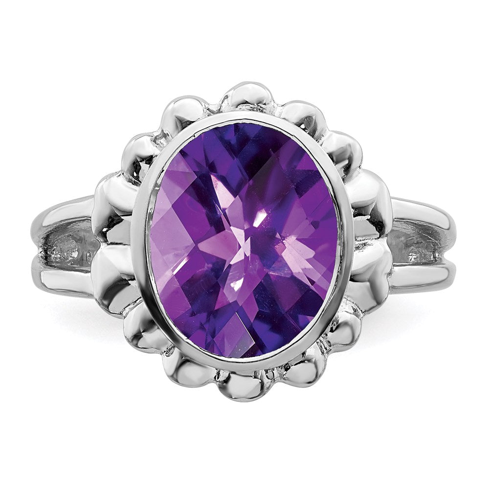 Sterling Silver Rhodium Plated Oval Checker Cut Amethyst Ring (Size 7 Only)