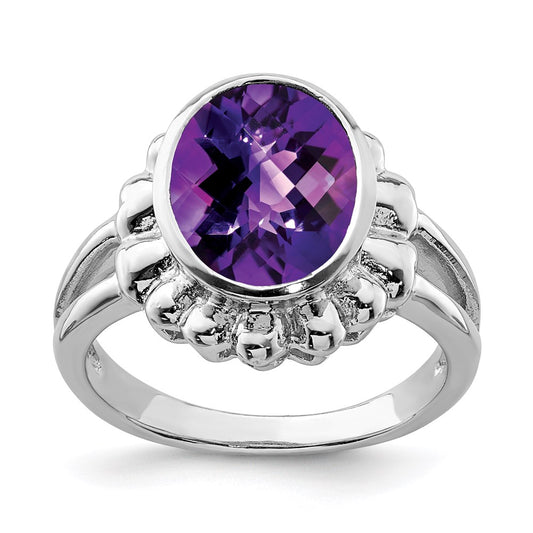 Sterling Silver Rhodium Plated Oval Checker Cut Amethyst Ring (Size 7 Only)
