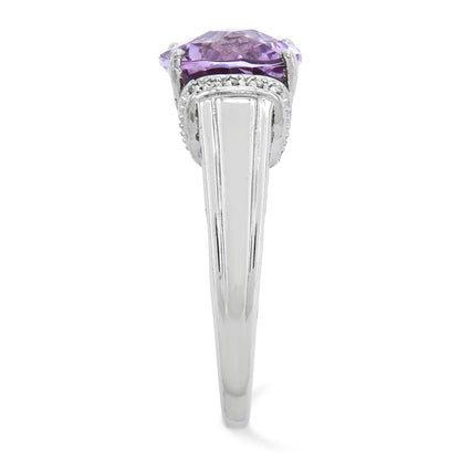 Sterling Silver Rhodium Plated Checker Cut Pink Quartz Ring