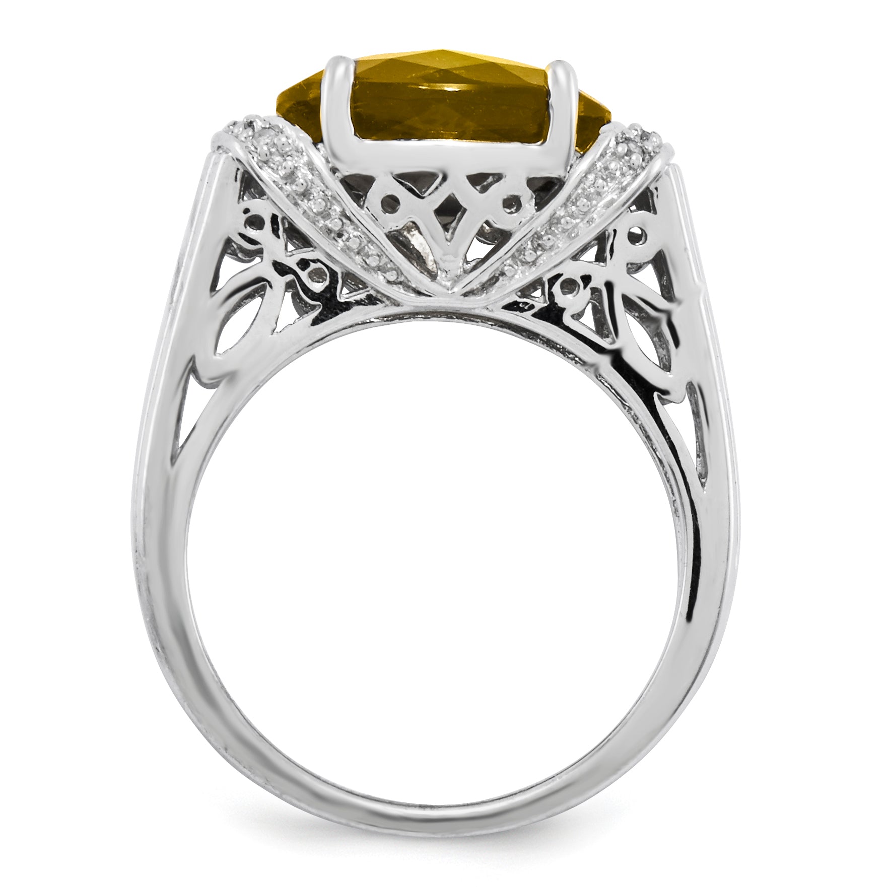Sterling Silver Rhodium Plated Checker Cut Whiskey Quartz Ring