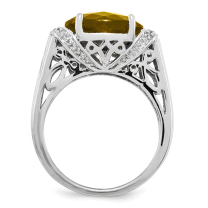 Sterling Silver Rhodium Plated Checker Cut Whiskey Quartz Ring