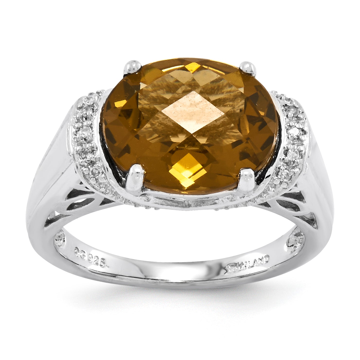 Sterling Silver Rhodium Plated Checker Cut Whiskey Quartz Ring